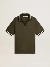 Men's military-green jersey polo with embroidery