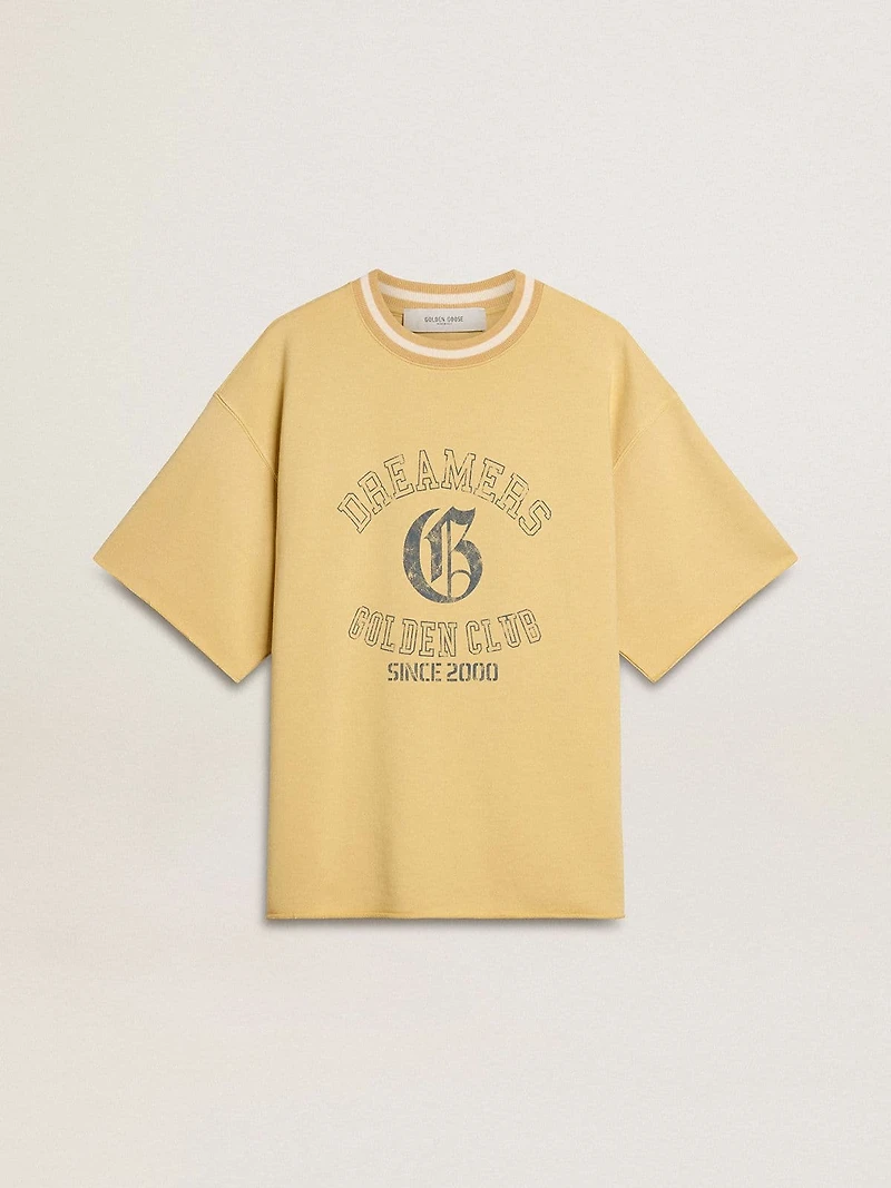 Men's oversized yellow cotton T-shirt with blue print