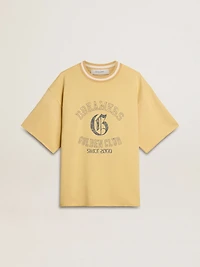 Men's oversized yellow cotton T-shirt with blue print
