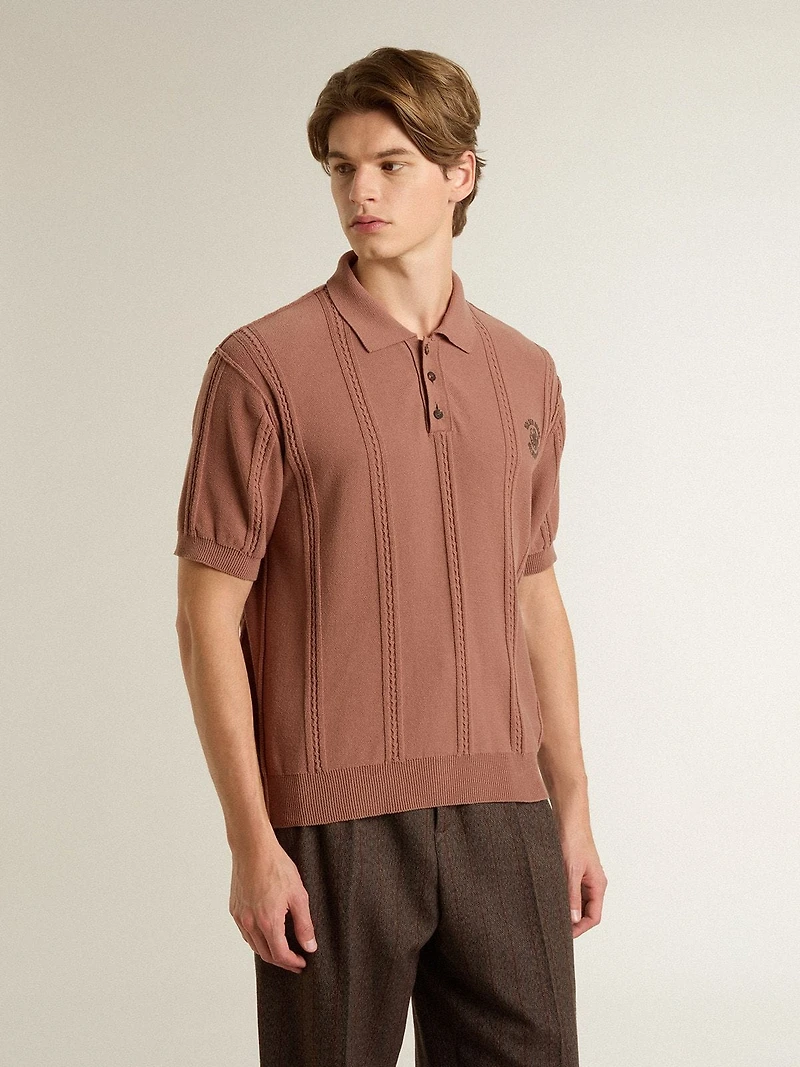 Men's brick-colored polo with embroidered logo.