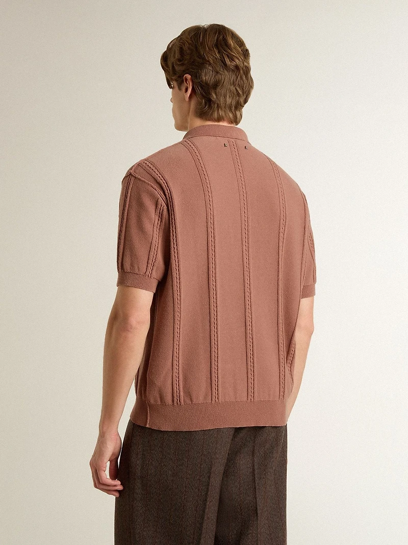 Men's brick-colored polo with embroidered logo.