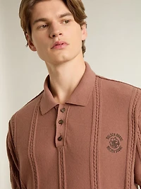 Men's brick-colored polo with embroidered logo.