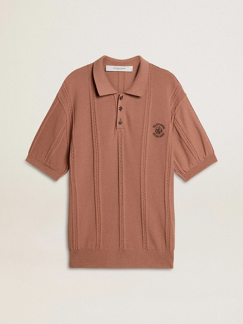 Men's brick-colored polo with embroidered logo.