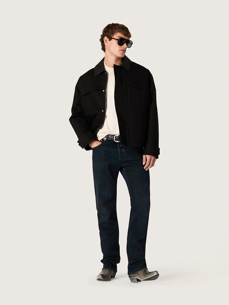 Men's short padded jacket black cotton with leather collar