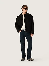 Men's short padded jacket black cotton with leather collar