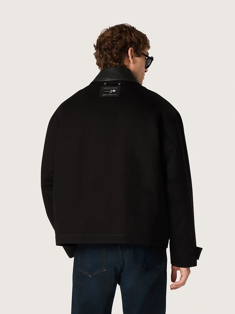 Men's short padded jacket black cotton with leather collar