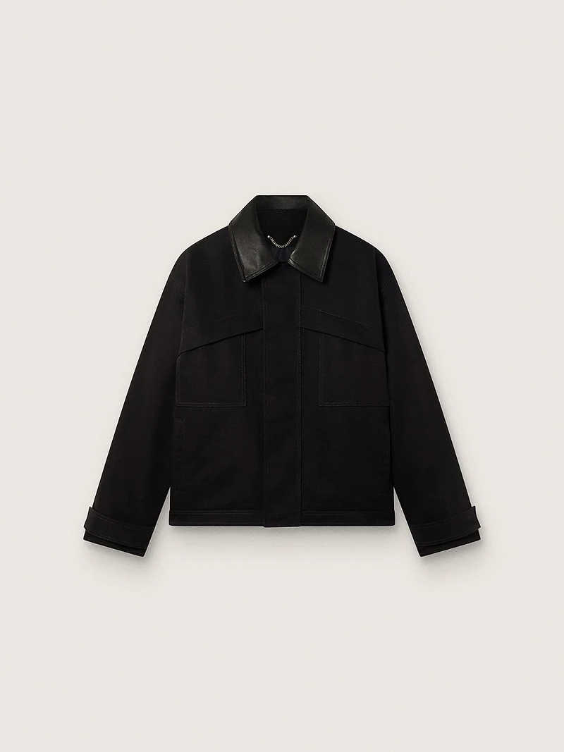 Men's short padded jacket black cotton with leather collar