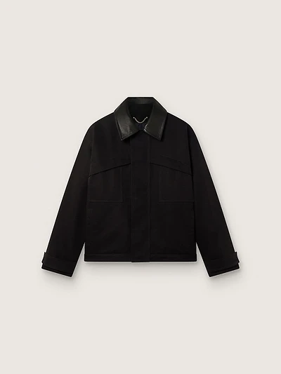 Men's short padded jacket black cotton with leather collar