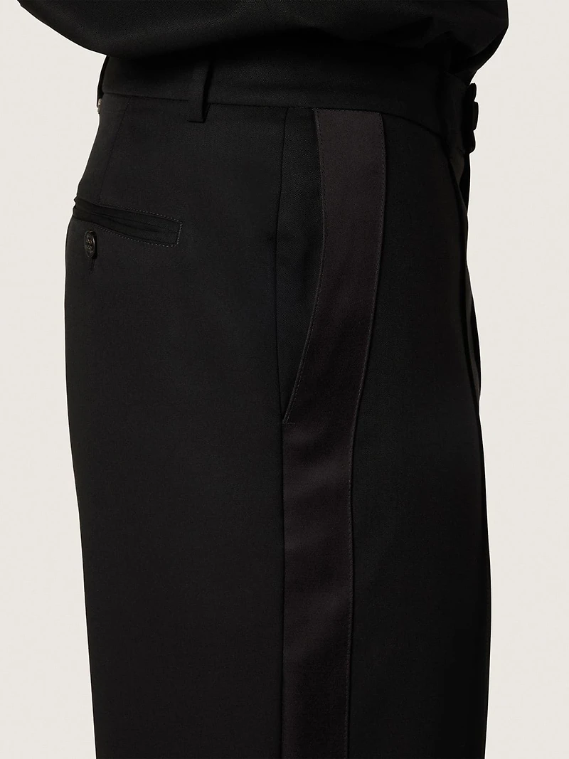 Men's pants black cool wool with satin side stripe