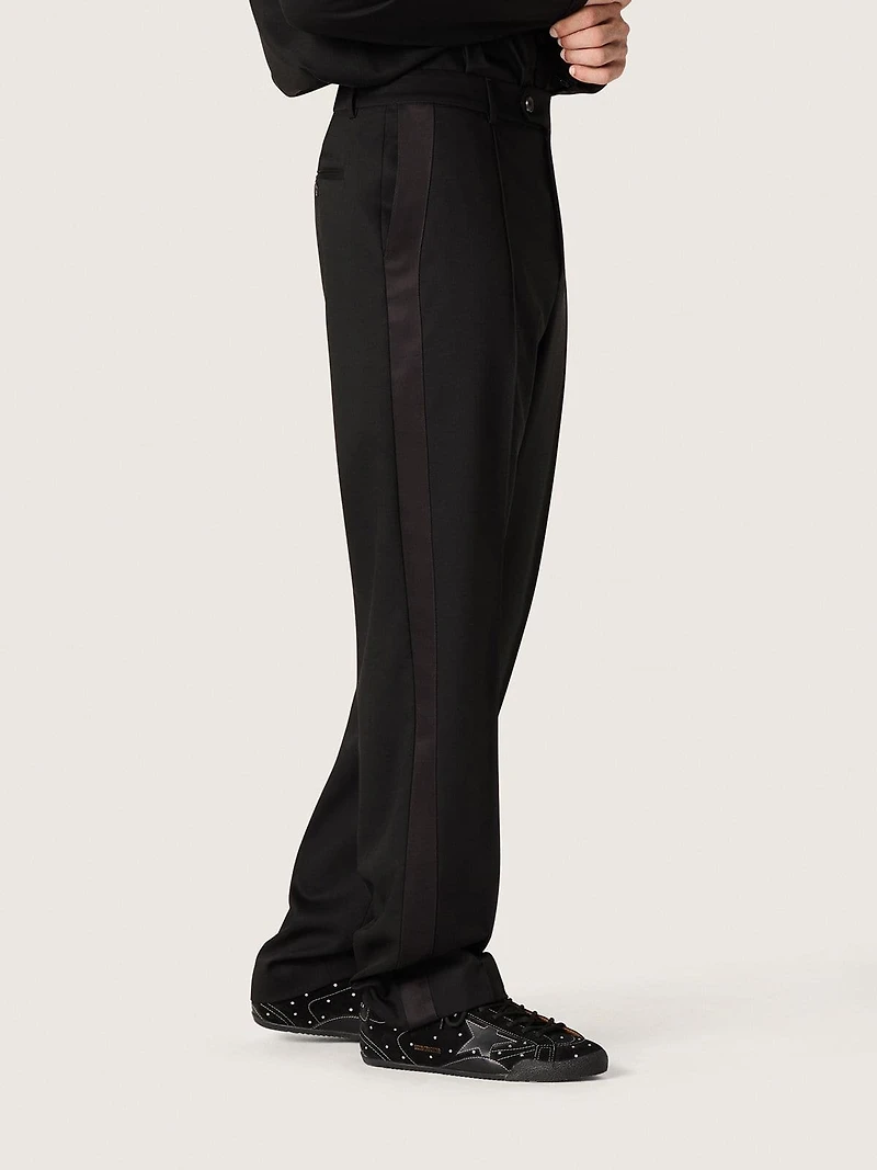 Men's pants black cool wool with satin side stripe