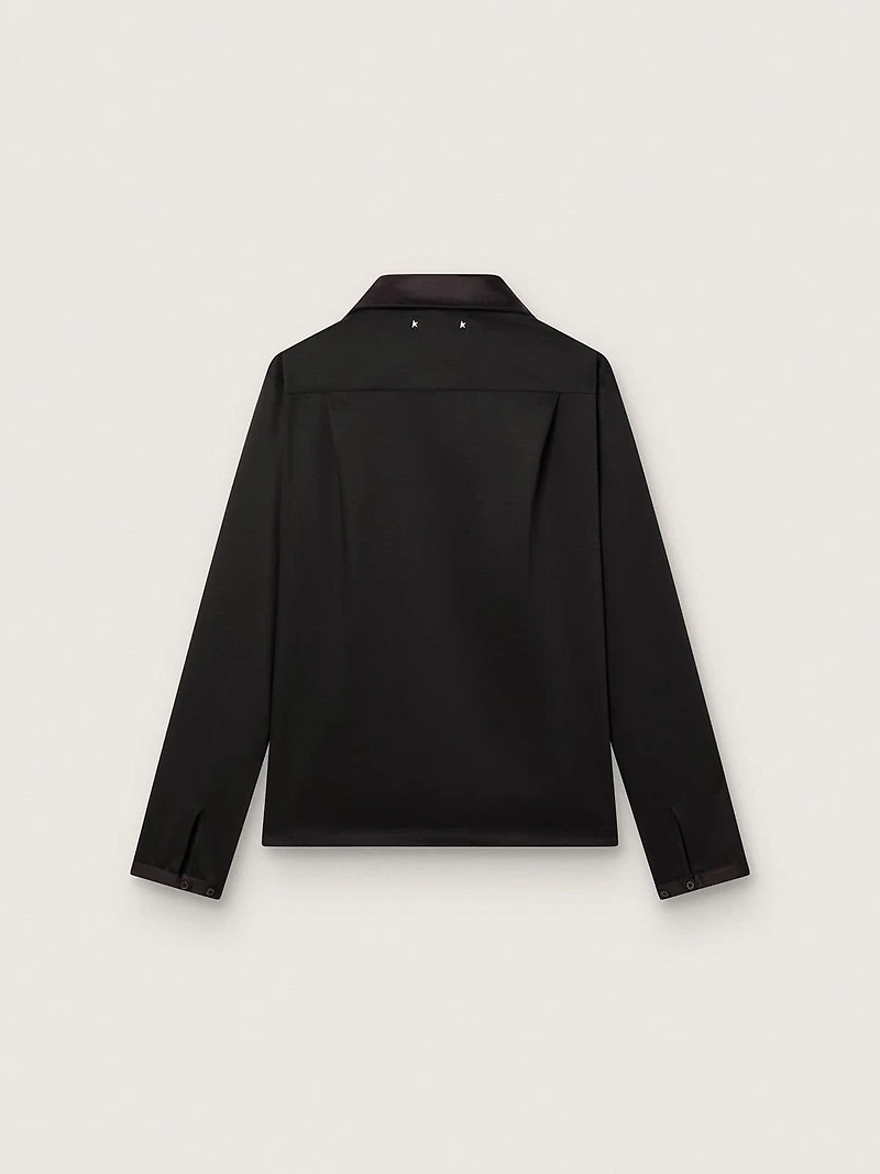 Men's shirt black wool twill with satin details