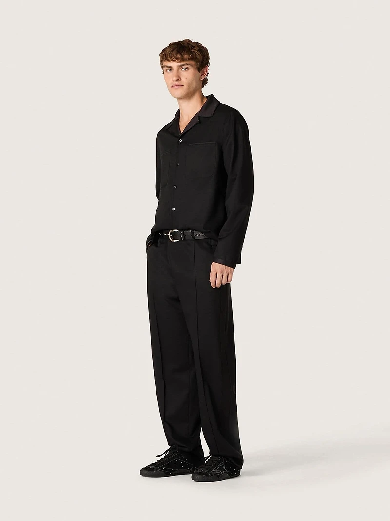 Men's shirt black wool twill with satin details