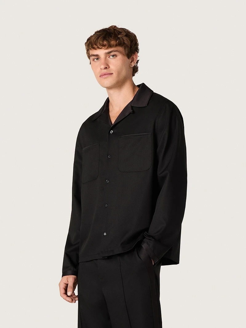 Men's shirt black wool twill with satin details