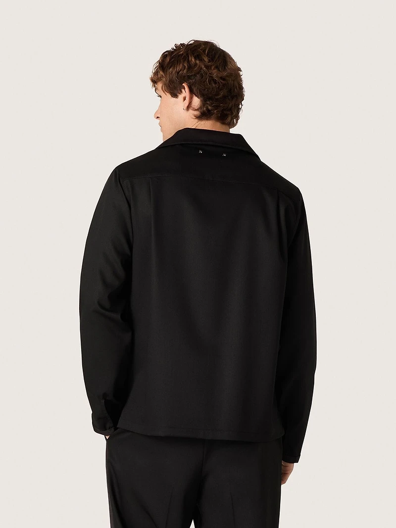 Men's shirt black wool twill with satin details