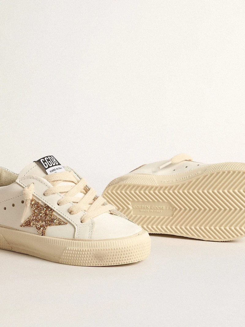 May Teen in white leather with gold glitter star and silver heel tab