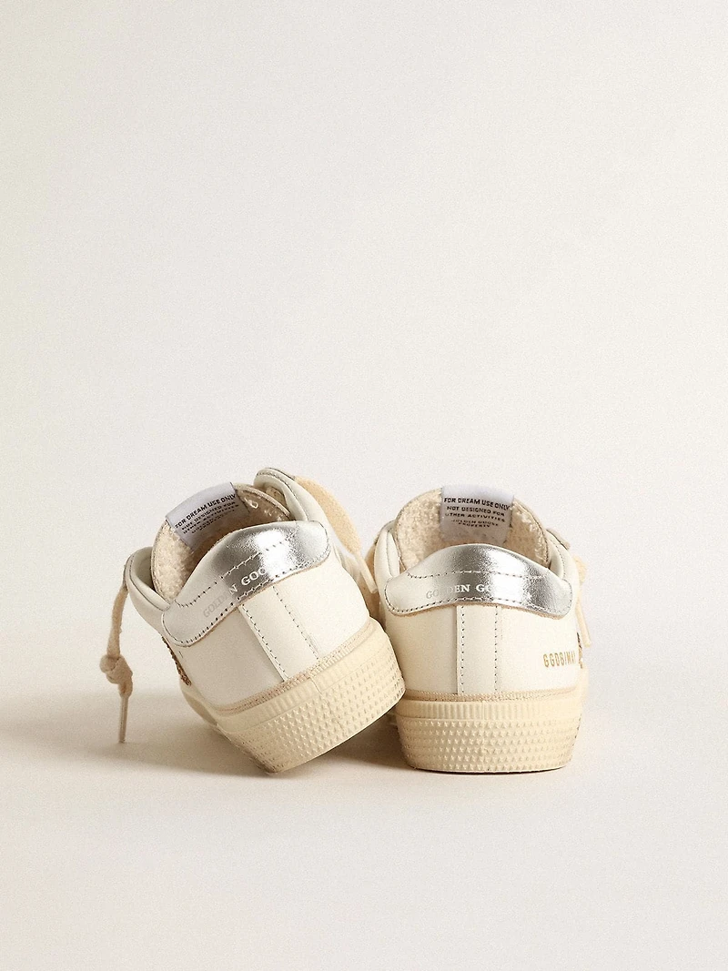 May Teen in white leather with gold glitter star and silver heel tab