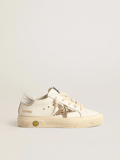 May Teen in white leather with gold glitter star and silver heel tab
