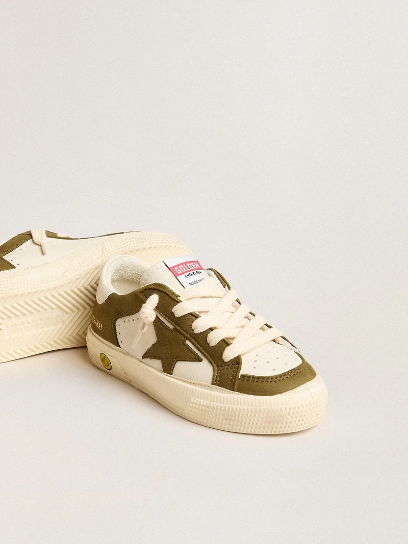 May Teen in white and military green leather