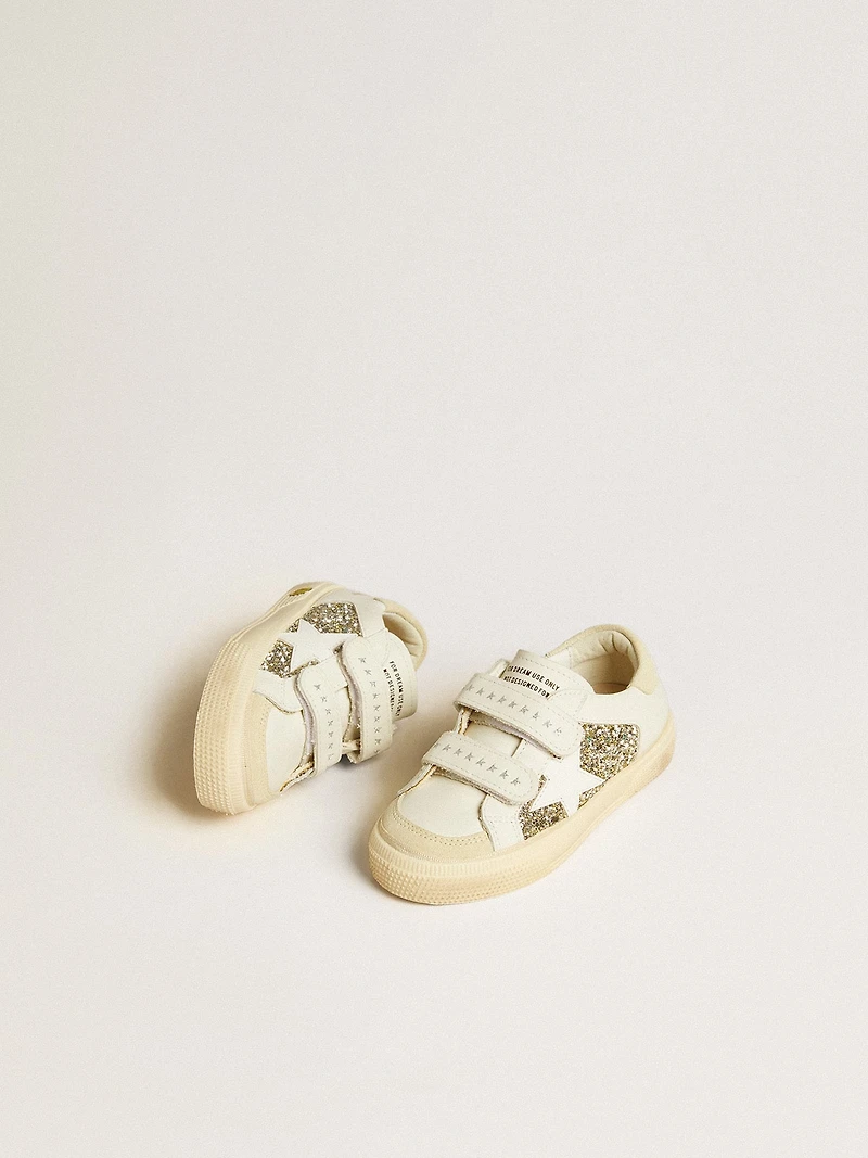 May Teen in white leather and gold glitter with white leather star