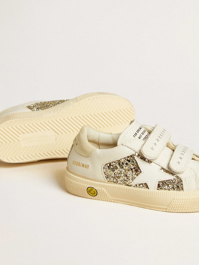 May Teen in white leather and gold glitter with white leather star