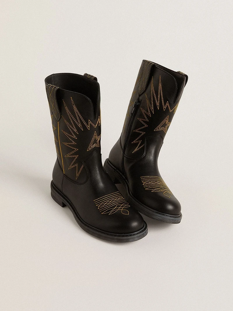 Wish Teen boots black leather with yellow star embroidery