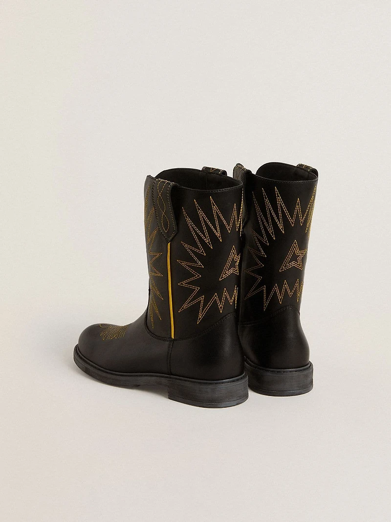 Wish Teen boots black leather with yellow star embroidery
