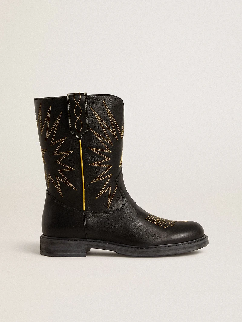 Wish Teen boots black leather with yellow star embroidery
