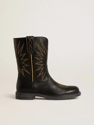 Wish Teen boots black leather with yellow star embroidery