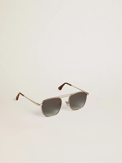 Aviator style sunglasses with silver frame and blue lenses  