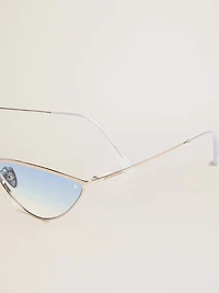 Sunglasses cat-eye style with silver frame and blue lenses