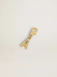 Letter A charm in gold-colored brass with crystals