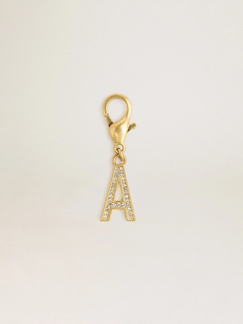 Letter A charm in gold-colored brass with crystals