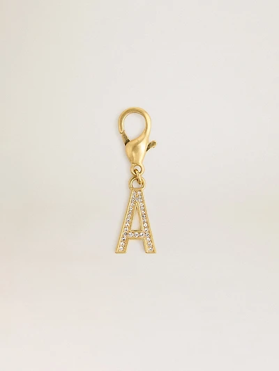 Letter A charm in gold-colored brass with crystals