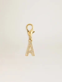 Letter A charm in gold-colored brass with crystals