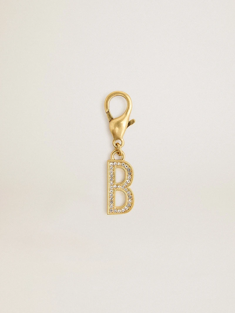 Letter B charm in gold-colored brass with crystals