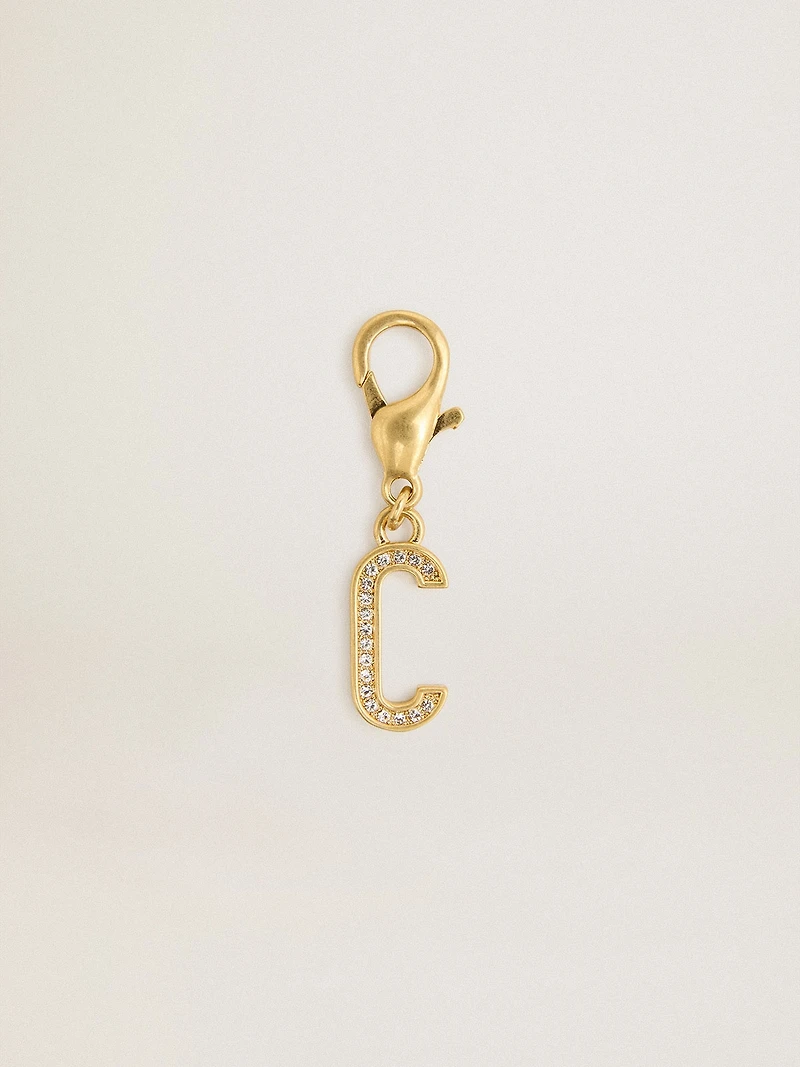 Letter C charm in gold-colored brass with crystals
