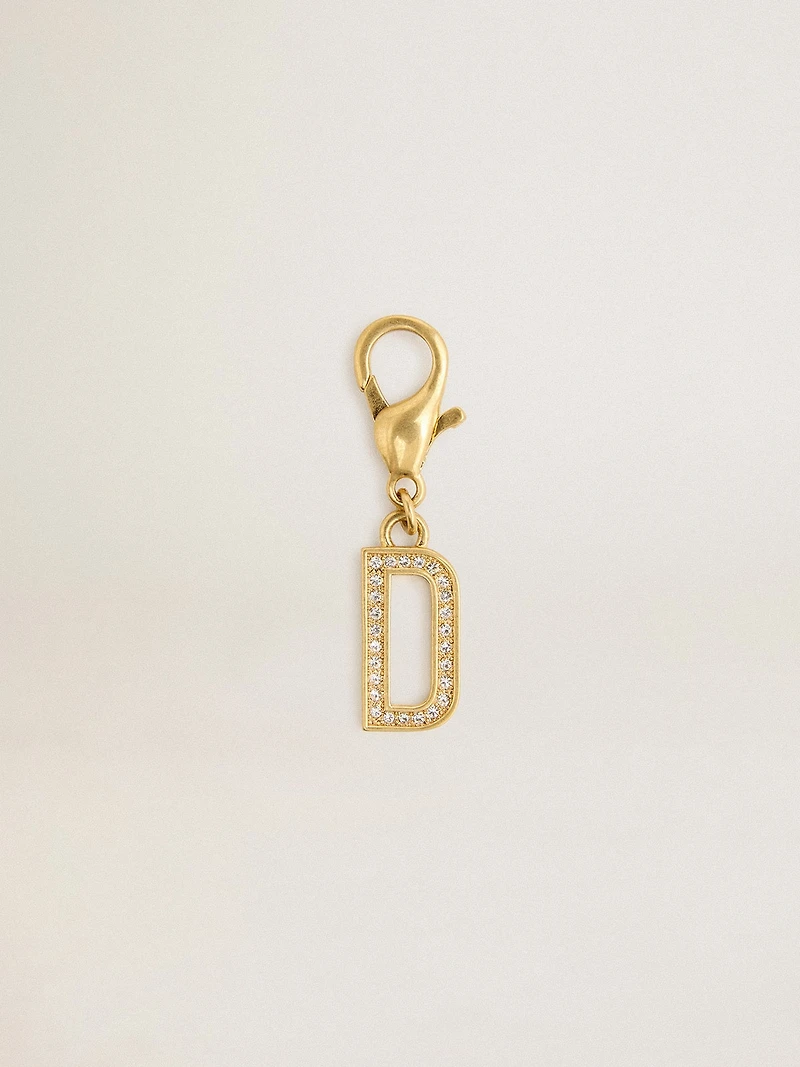 Letter D charm in gold-colored brass with crystals