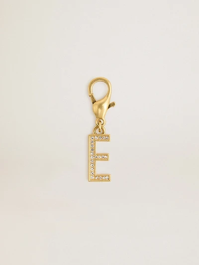 Letter E charm in gold-colored brass with crystals