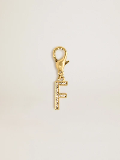 Letter F charm in gold-colored brass with crystals