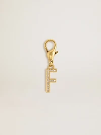 Letter F charm in gold-colored brass with crystals