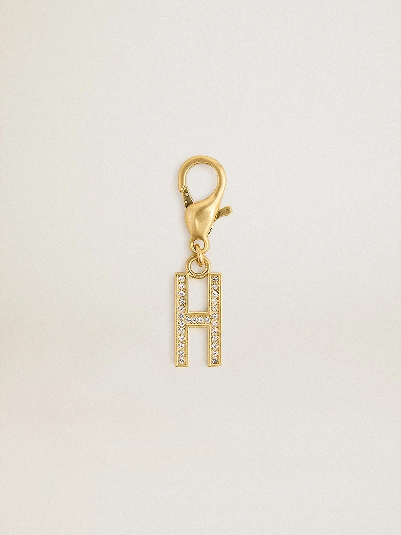 Letter H charm in gold-colored brass with crystals
