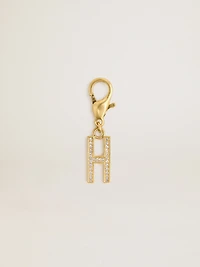 Letter H charm in gold-colored brass with crystals