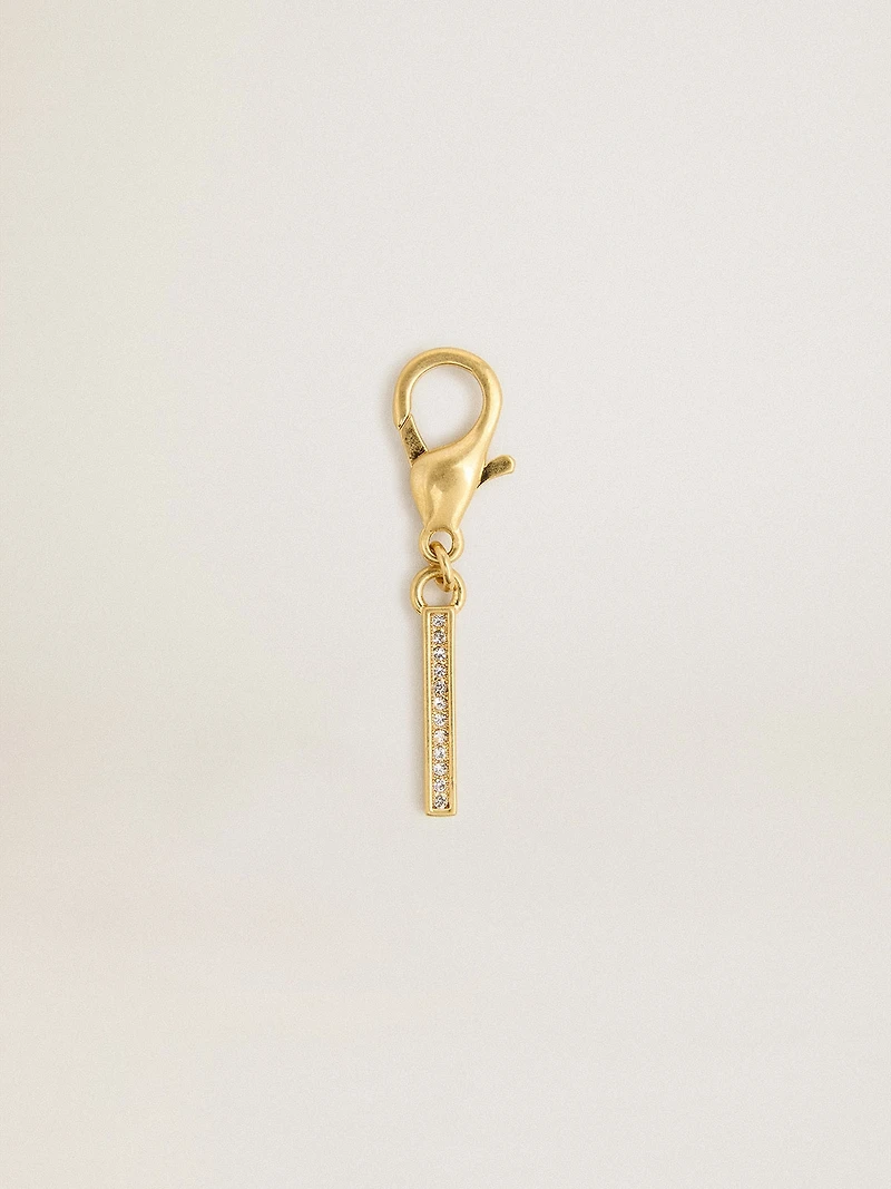 Letter I charm in gold-colored brass with crystals