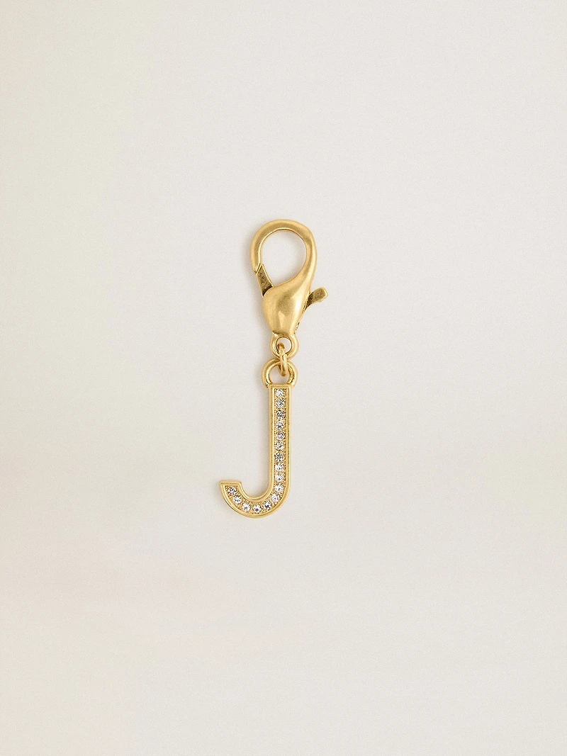 Letter J charm in gold-colored brass with crystals