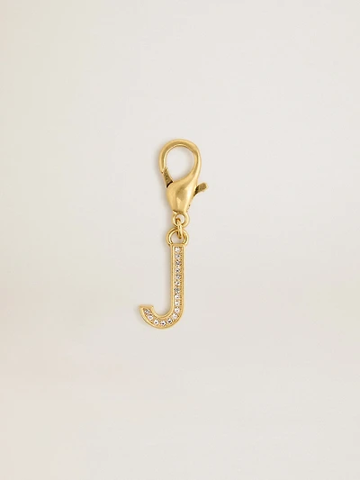 Letter J charm in gold-colored brass with crystals