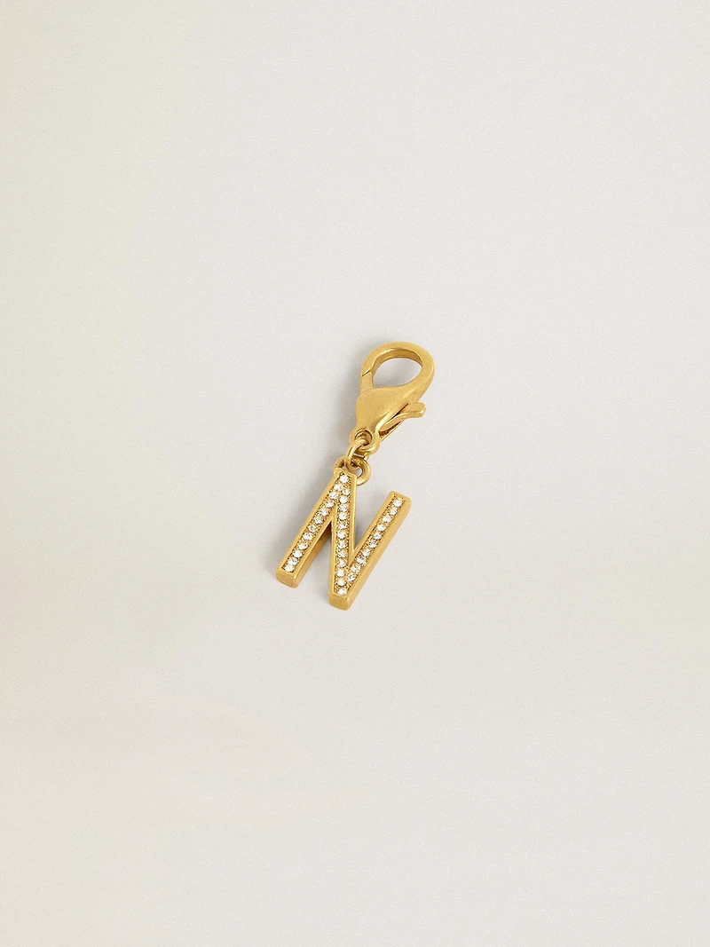 Letter N charm in gold-colored brass with crystals