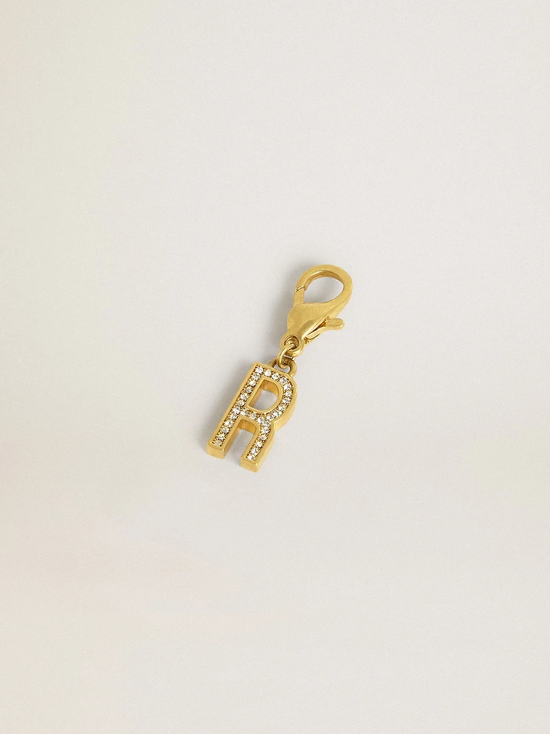 Letter R charm in gold-colored brass with crystals