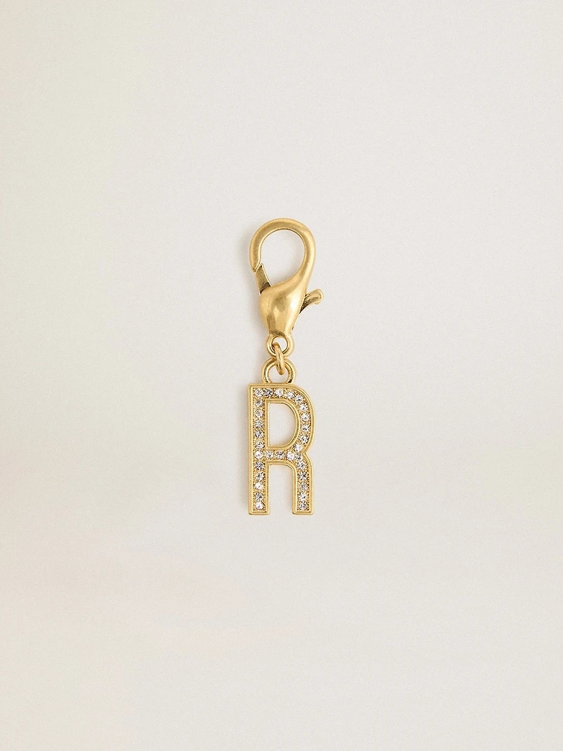 Letter R charm in gold-colored brass with crystals