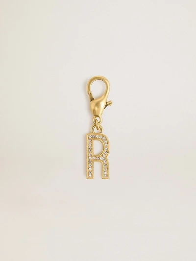 Letter R charm in gold-colored brass with crystals