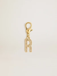 Letter R charm in gold-colored brass with crystals